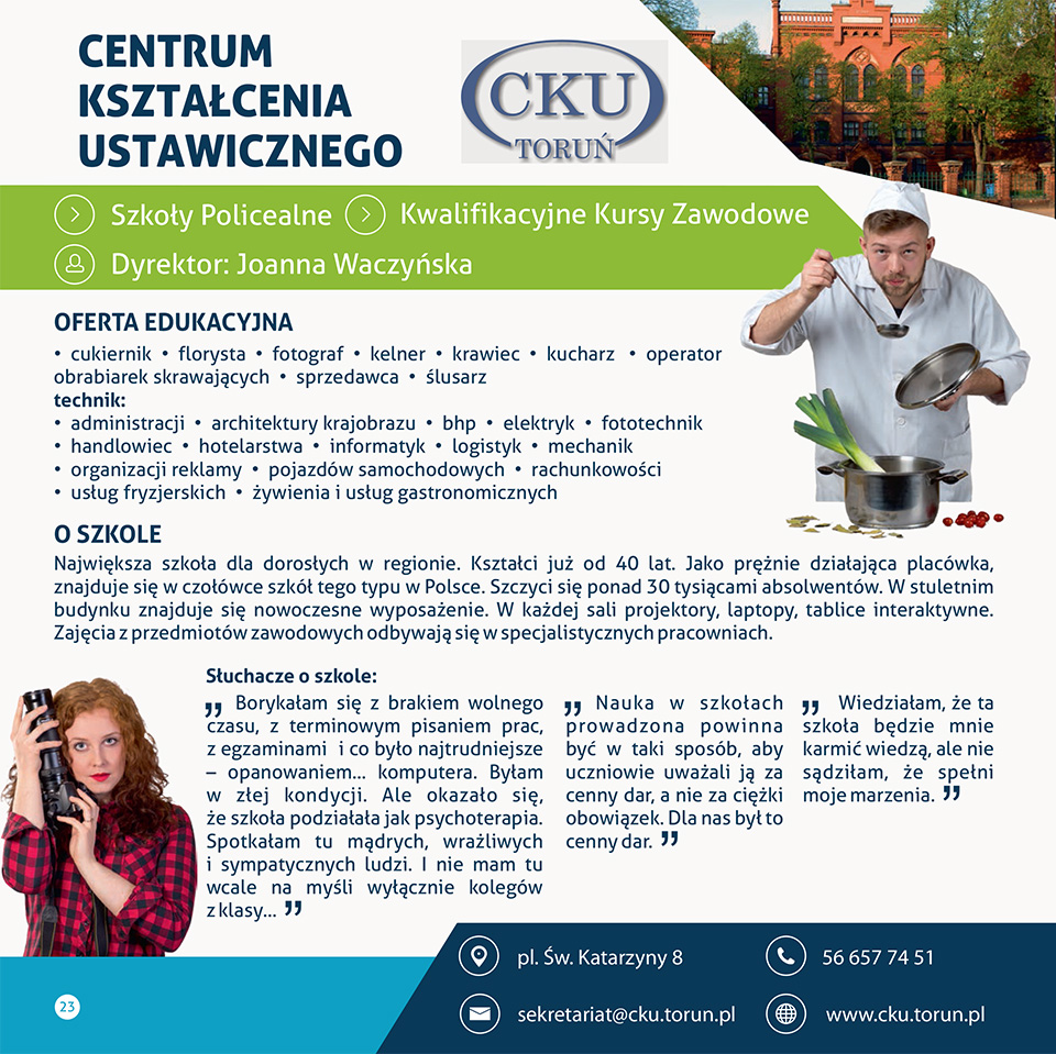 Centrum Kształcenia Ustawicznego w folderze szkół branżowych przygotowanym przez Centrum Wsparcia Biznesu w Toruniu